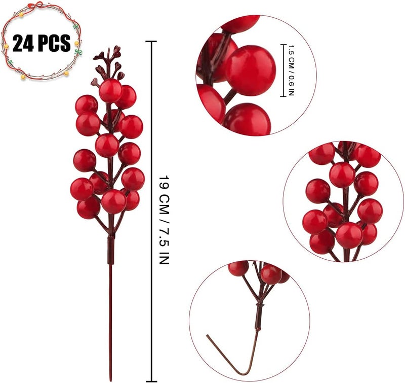 Meching 24 Pack Red Berry Stems, 7.5 Inch Artificial Burgundy Red Berry Picks Holly Red Berries Branches Christmas Berry Stem Picks for Christmas Tree DIY Crafts Wedding Holiday Season Winter Home Decor - Image 2